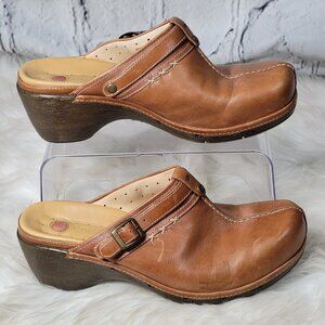 CLARKS Unstructured Womens 10 Tan Leather Slip On Comfort Clogs Mules Boho Comfy